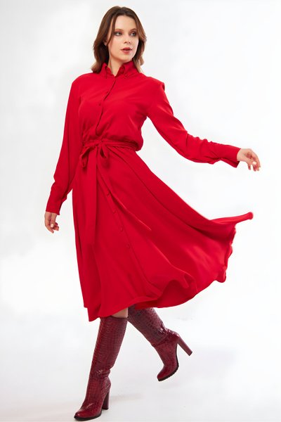 Kırmızı Midi Uzun Kol Kuşaklı Cepli Gömlek Elbise