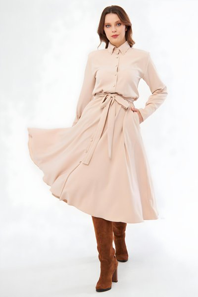 فستان ميدي ستايل قميص بأكمام طويلة لون كريمي بخصر مطاطي وحزام