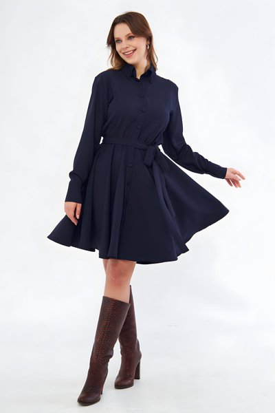 Lacivert Uzun Kol Beli Lastikli Kuşaklı Mini Gömlek Elbise