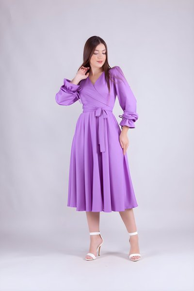 Midi Long Sleeve Wrap Neck Dress - Lilac