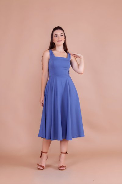 Mavi Midi Kare Yaka Elbise