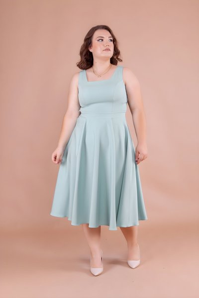 Mint Yeşili Büyük Beden Midi Kare Yaka Elbise