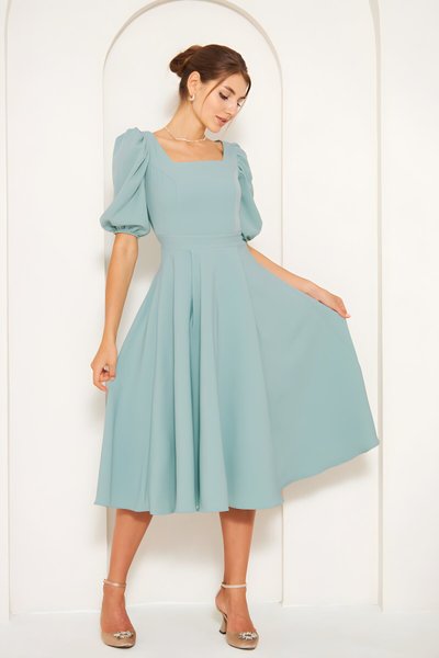 Mint Yeşili Midi Kare Yaka Balon Kol Elbise