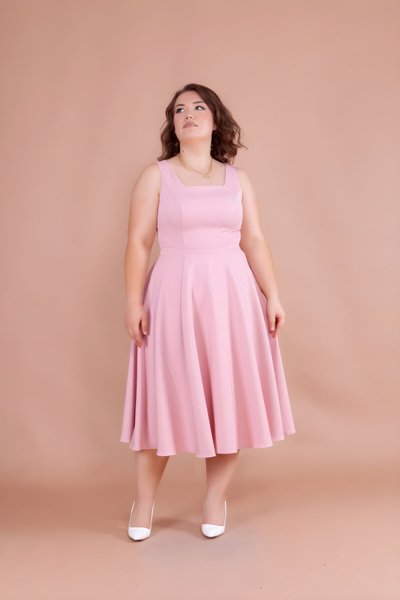 Pudra Büyük Beden Midi Kare Yaka Elbise