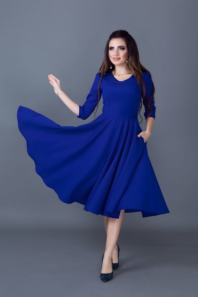 Sax Mavi Midi Kloş V Yaka Cep Elbise