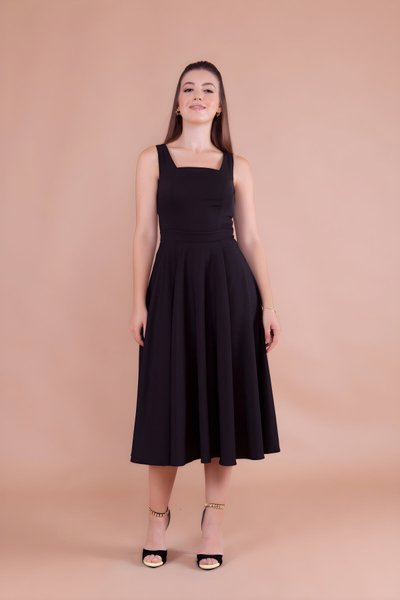 Siyah Askılı Midi Kare Yaka Elbise