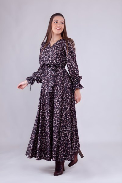 Long Sleeve Floral Velvet Wrap-Neck Dress - Black