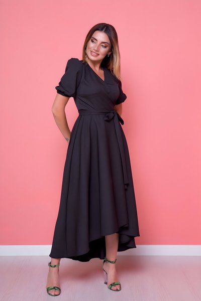 Midi Asymmetric Wrap Neck Dress - Black