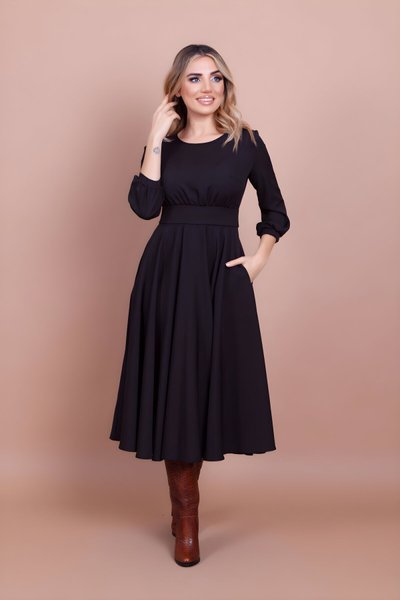 Siyah Midi Yuvarlak Yaka Cep Detaylı Elbise