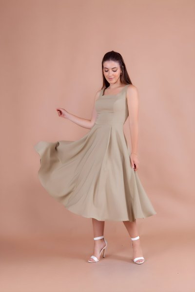 Yağ Yeşili Midi Kare Yaka Elbise