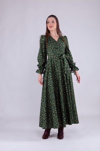 Long-Sleeve Floral Print Velvet Wrap Neck Modest Dress - Emerald