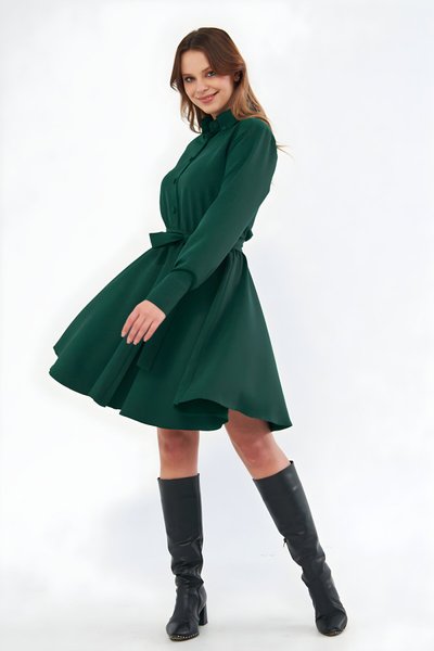 Mini Long-Sleeve Woven Elastic-Waist Belted Shirt Dress - Emerald