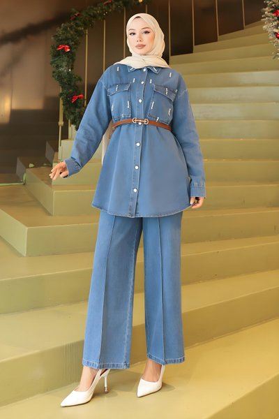 Modest Denim Two-Piece Set w/ Stone Detail & Pockets - Light Blue