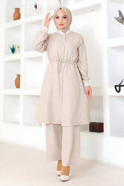 Modest Ribbed Drawstring Waist Two-Piece Set - Beige