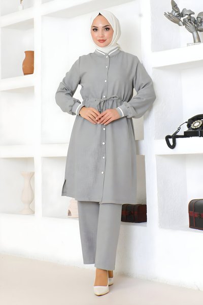 Ribbed Drawstring Waist Modest Two-Piece Set - Grey