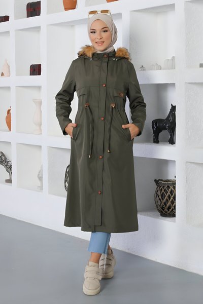 Drawstring-Detail Coat - Khaki