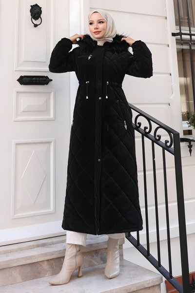 Quilted Hooded Zip-Up Coat - Black