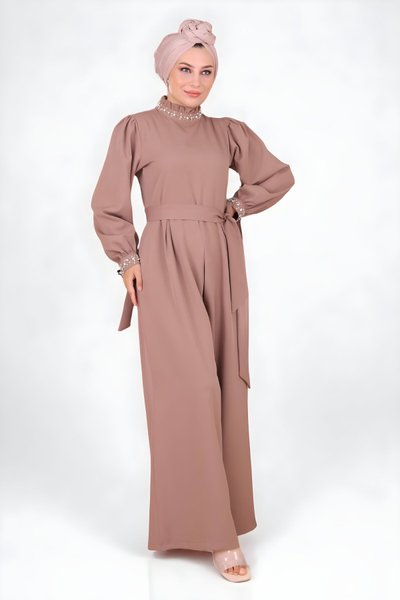 Pearl-Detail Modest Jumpsuit - Mink