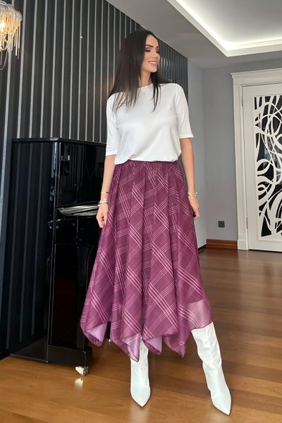 Midi Asymmetric Plaid Chiffon Skirt - Burgundy