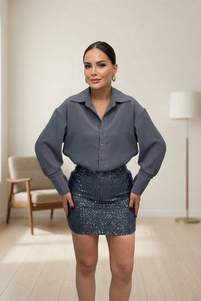 Gri Pul Payet Mini Gömlek Elbise