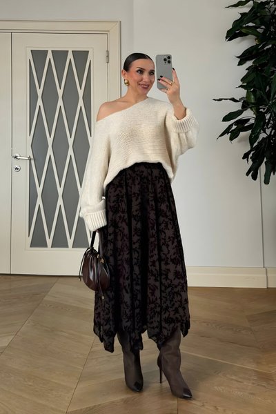 Midi Asymmetric Flower Pattern Skirt - Brown