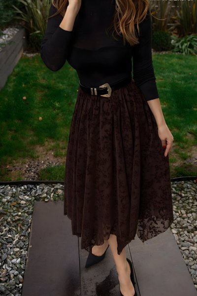 Asymmetric Midi Floral Flock Print Skirt - Brown