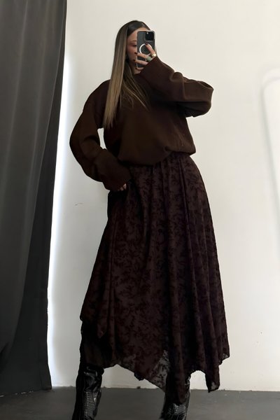 Long Asymmetrical Floral Tulle Skirt - Brown
