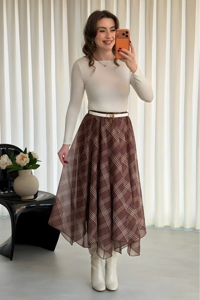 Midi Plaid Asymmetric Cut Skirt - Brown