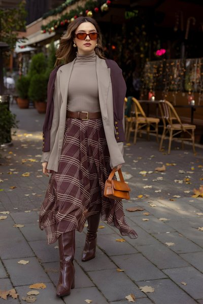 Midi Asymmetric Plaid Chiffon Skirt - Brown