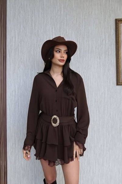 Mini Lace Shirt Collar Dress - Brown