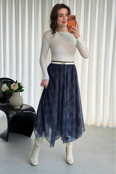 Midi Plaid Asymmetric Cut Skirt - Navy