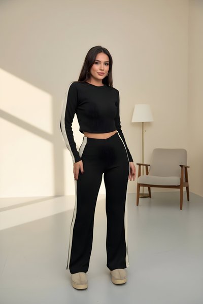 Crew Neck Trim Two-Piece Blouse and Pants Set - Black