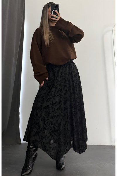 Long Asymmetric Floral Tulle Skirt - Black