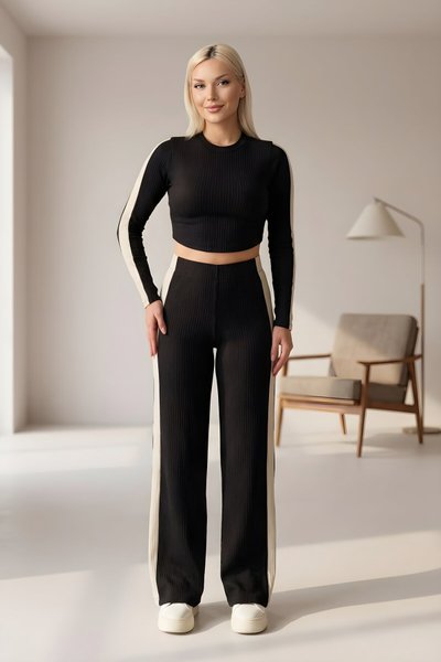 Cropped Stripe Detail Two-Piece Pants Set - Black