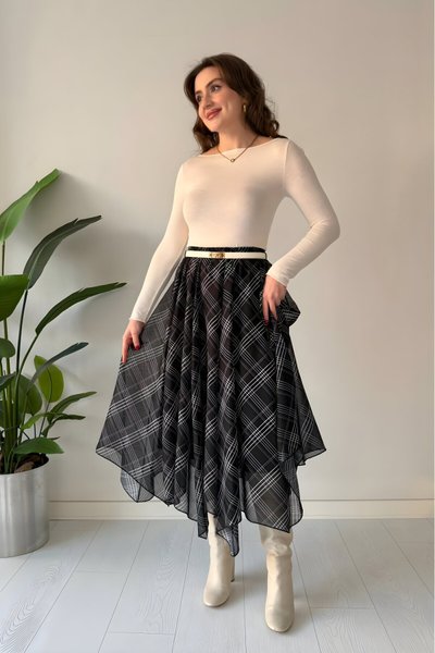 Midi Plaid Asymmetric Cut Skirt - Black