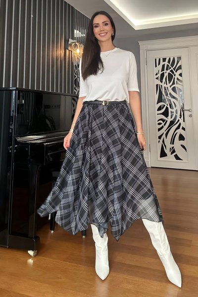 Midi Asymmetric Plaid Chiffon Skirt - Black
