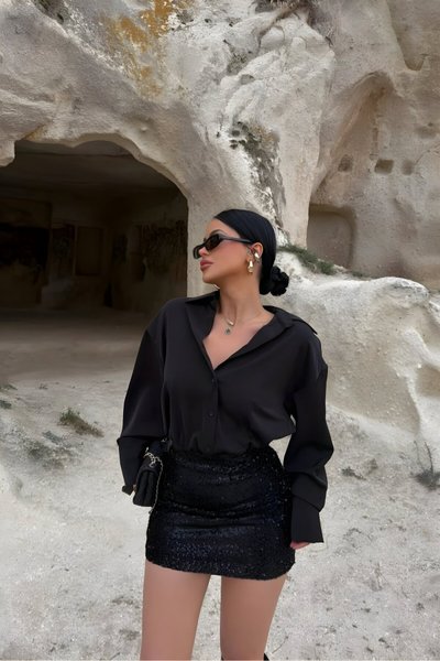 Mini Sequined Shirt Dress - Black