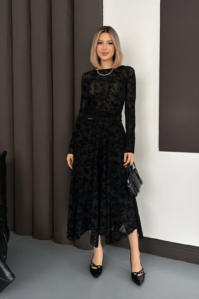 Long Asymmetric Embroidered Skirt - Black