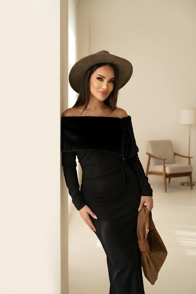 Long Strapless Faux Fur Detail Slit Dress - Black