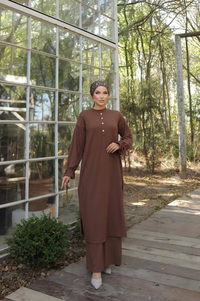 Modest Knit Button-Detail Two-Piece Set - Dark Brown