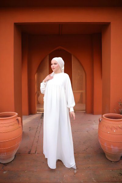 Ruffled Yoke Modest Dress - Ecru