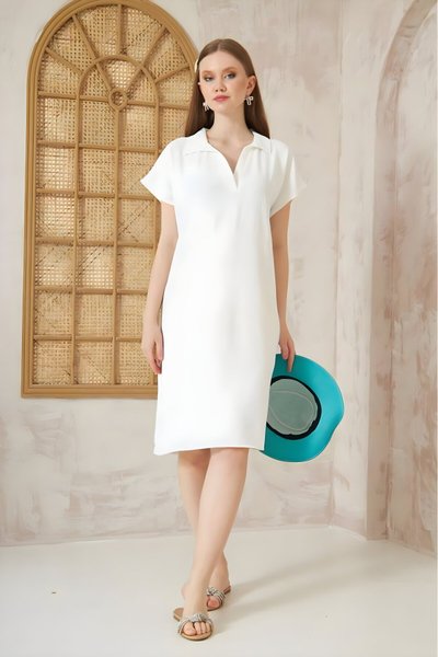 Ekru Bol Kesim Kısa Kollu Polo Yaka Midi Elbise