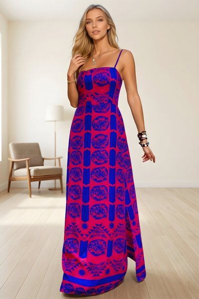 فستان طويل سترابلس أزرق مطبع فوشيا بحمالات رفيعة وفتحة