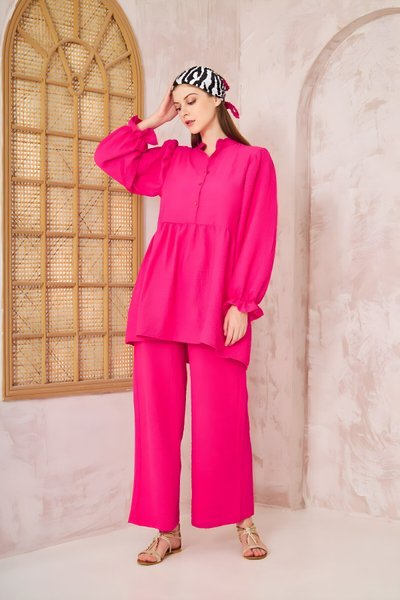 Fuşya Gofre Balon Kol Büzgülü İkili Tesettür Takım