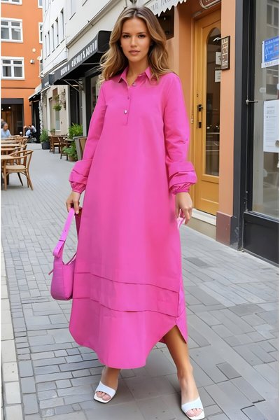 Fuşya Salaş Uzun Kollu Hakim Yaka Katlama Detaylı Poplin Elbise