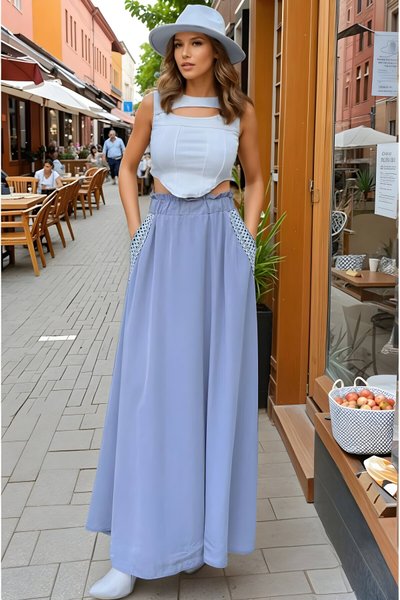 Long Flared Wicker-Detail Skirt - Grey