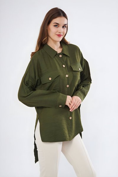 Oversize Long Back Linen Tunic Shirt - Khaki