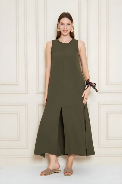 Haki Uzun A Kesim Sıfır Kol Aerobin Elbise