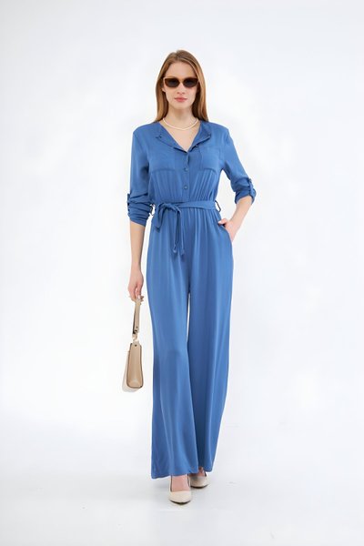 Relaxed-Fit Long-Sleeve Belted Jumpsuit - Indigo Blue
