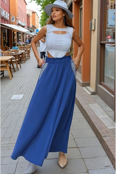 Long Flared Woven Elasticated Waist Skirt - Indigo